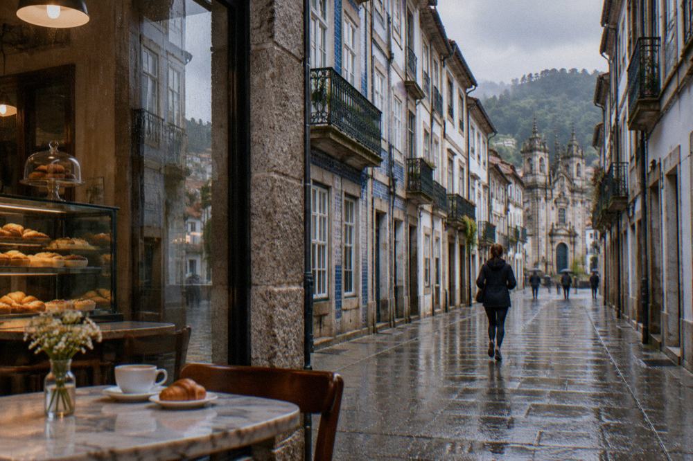Café interior in Braga with marble tables, pastries under glass and rain visible through the window
