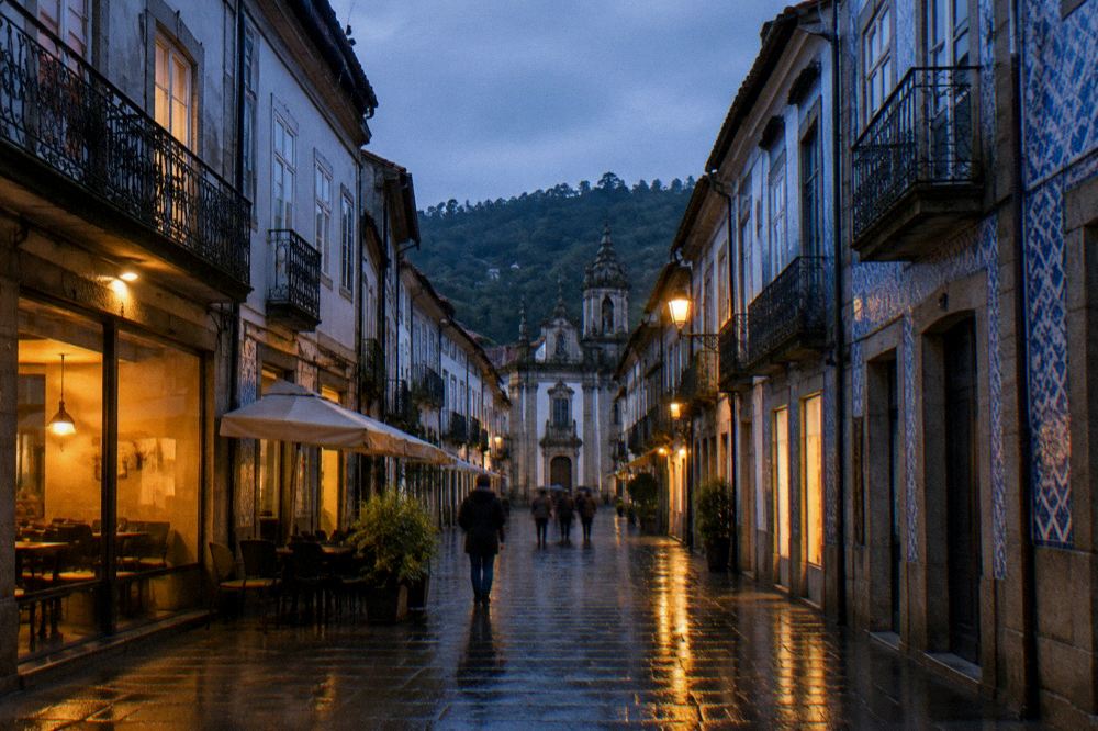 Warm light from a café window onto a rain-soaked Braga street in the evening