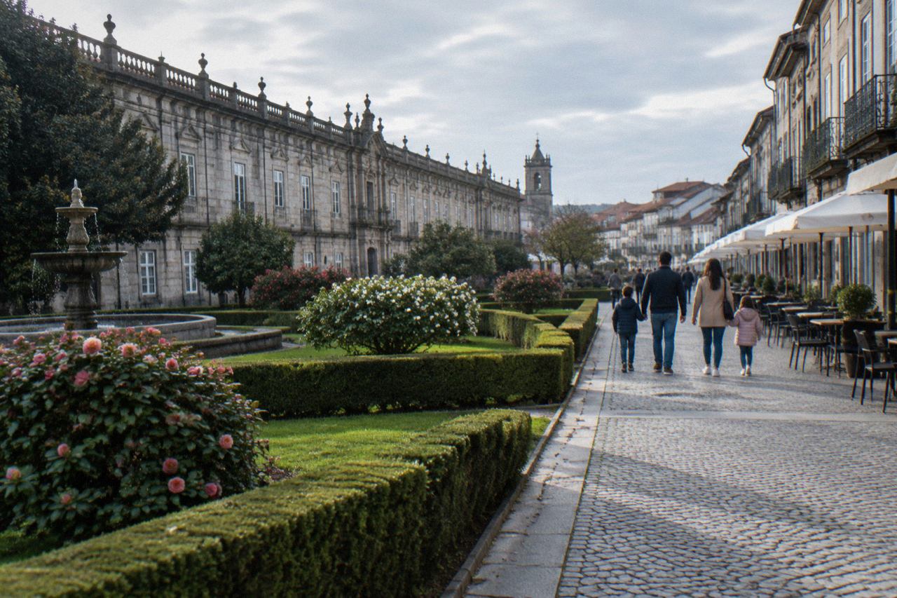 A family walking with two children along a cobbled pedestrian street lined with old buildings and café tables