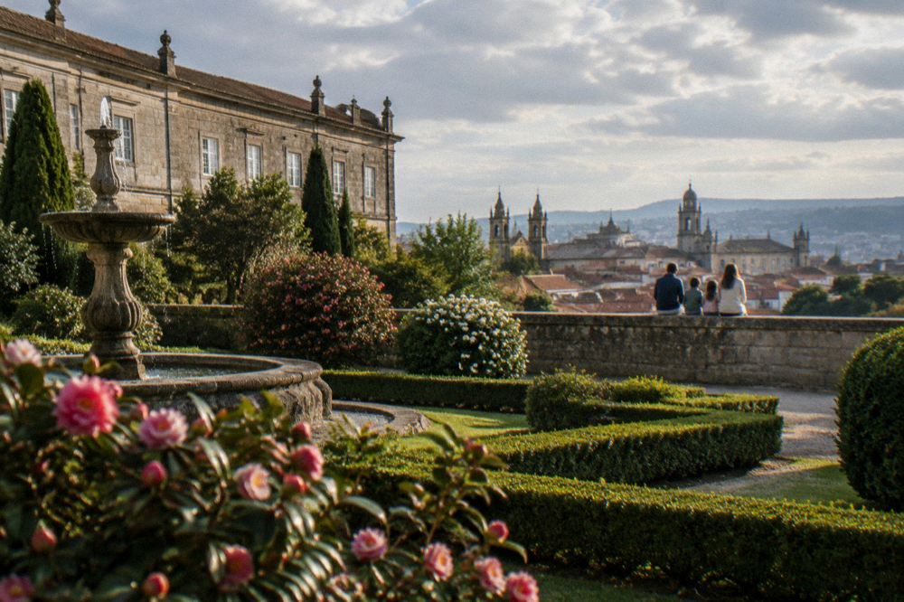 A family sitting on a stone garden wall above a city skyline of church towers at golden hour