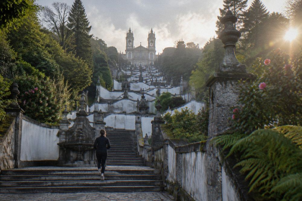 The zigzag granite stairway of Bom Jesus do Monte with its fountains and statues