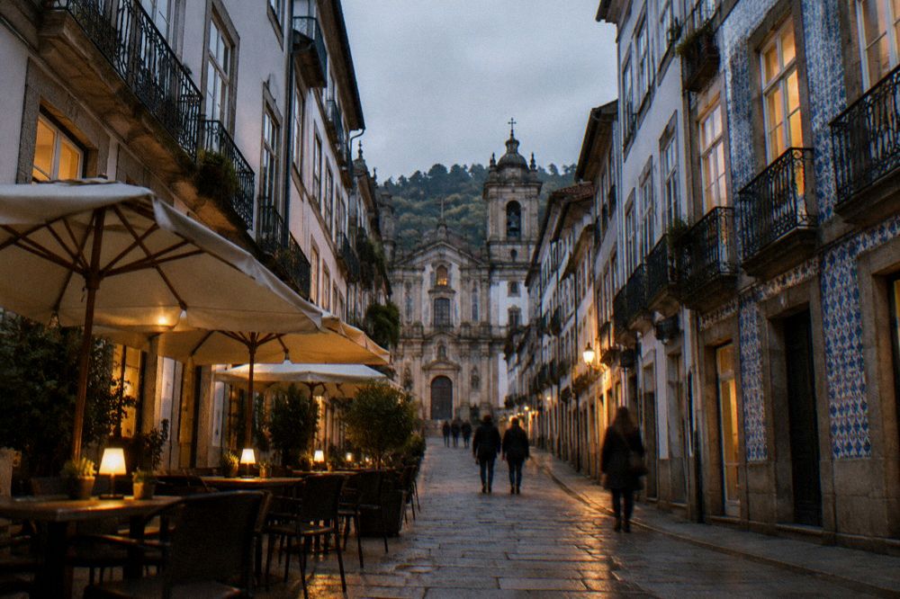 Café tables lit by warm lamps on a pedestrian street in Braga at dusk
